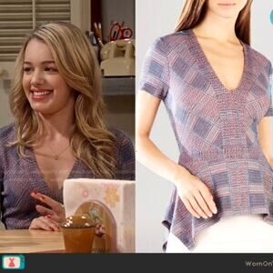 BCBGMaxazria Maebelle Peplum Jacquard Top Womens Medium V-Neck Asymmetrical